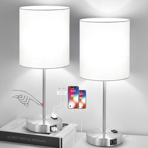 Lynnoland Set of 2 Touch White Table Lamps with USB