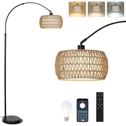 Arc Floor Lamps for Living Room with Rattan Boho Dimmable