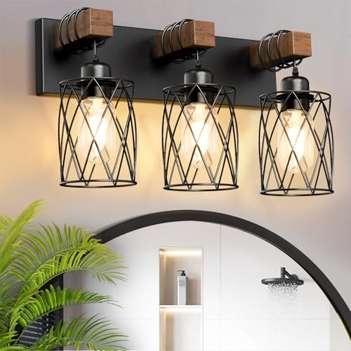 IZORRO Farmhouse Bathroom Vanity Light, 3-Light Wood Fixture