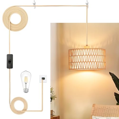 Qingmiao Boho Plug in Pendant Light, Handwoven Shade
