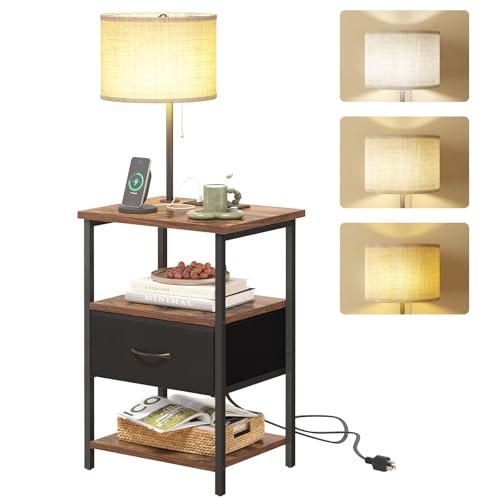 Fixwal Nightstand with Lights Bedside Table with Charging...