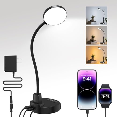 15W LED Desk Lamp with USB Charging, Dimmable, 3 Colors
