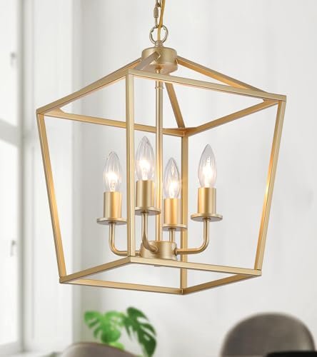 Industrial 4 Lights Chandelier, Gold Lantern Ceiling...