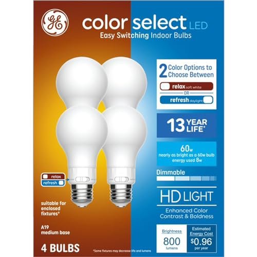 GE A19 LED Bulbs, 60W Equivalent, 2CCT Color Select.