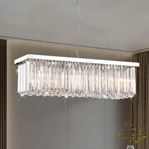 Modern Silver Rectangular Crystal Chandelier, Dining Room...