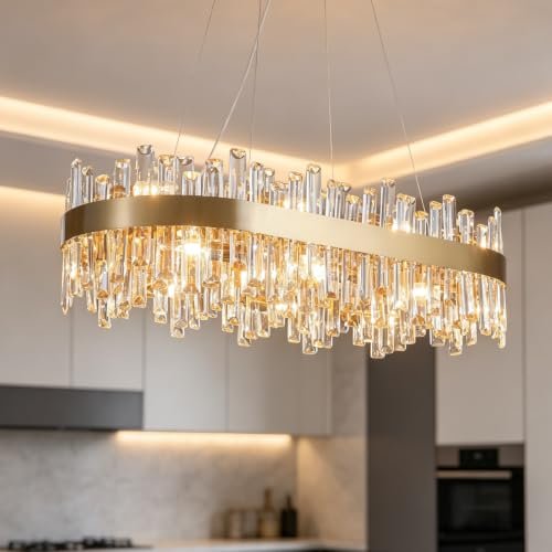 Siljoy Modern Rectangular Gold Crystal Dining Chandelier...