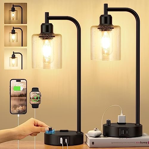 Industrial Bedside Lamps Set of 2, Fully Dimmable