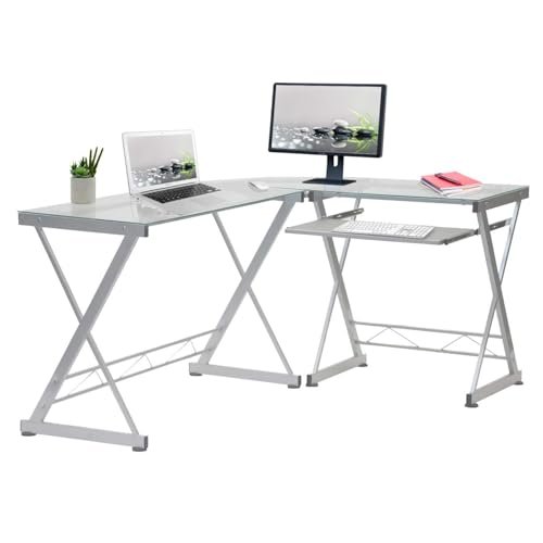 Scranton & Co Modern L-Shape Computer Desk, Glass Steel,...