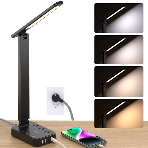 Addtam LED Desk Lamp, Power Strip with 3 Outlets, 4