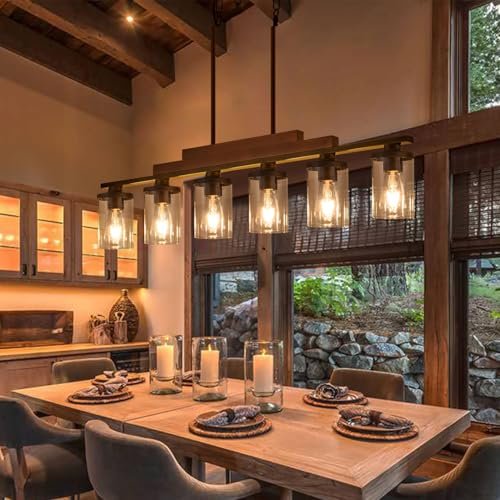 Farmhouse Chandelier 6-Light Dining Room Light Fixture Wood...