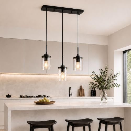 Ablwigh 3-Light Pendant Light Fixtures, Modern Black Glass...
