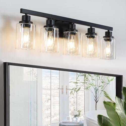 DIKAIDA 5-Light Black Bathroom Vanity Light, Modern fixture.